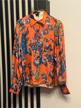 Vibrant Orange Peacock Print Button-Up Shirt